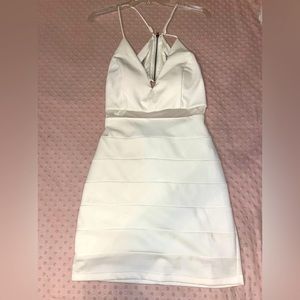 CUTE WHITE SEMI FORMAL DRESS, BEADED DESIGN ON BACK